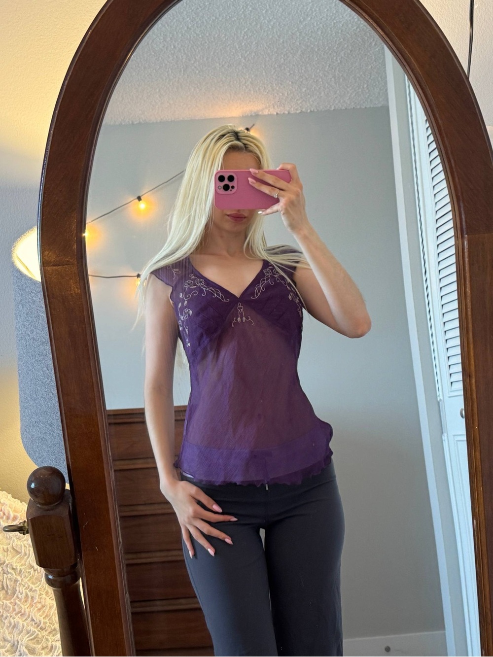 100% Silk Vintage Purple Sheer Embroidered V-Neck Women’s Top